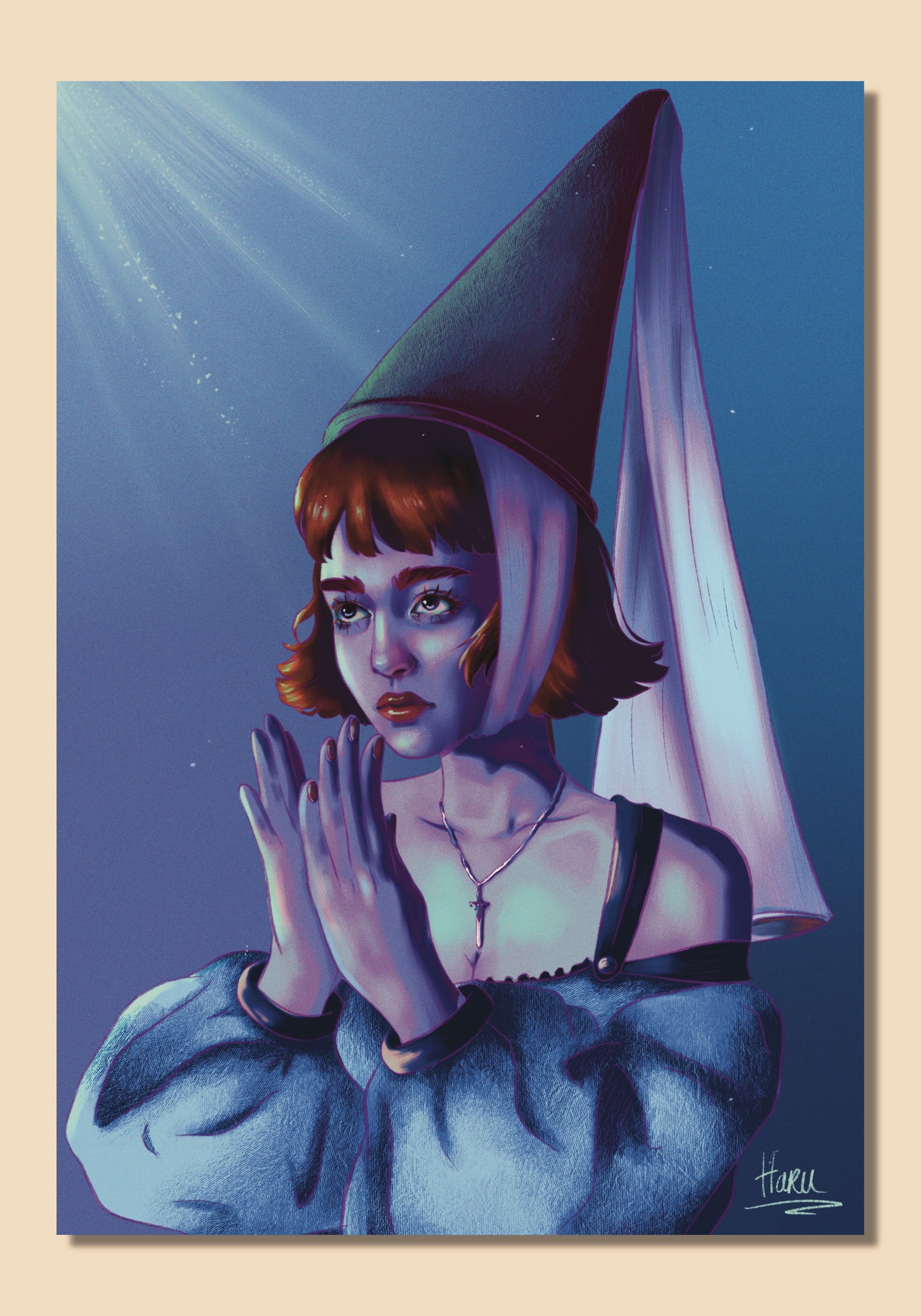 Princesse, prière, hénnin, violet, mains jointes, collier en forme d'épée, cheveux rouge,